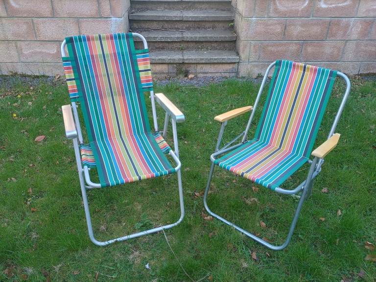  2 x Vintage Striped Folding Deck Chairs VW Camper Campervan Camping Retro Garden Set