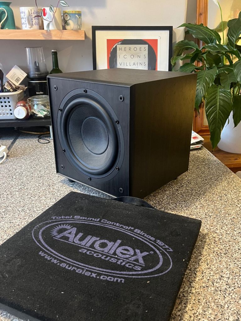 Wharfdale sw150 home cinema/hi-fi subwoofer, little use, with auralex acoustics bass isolator 