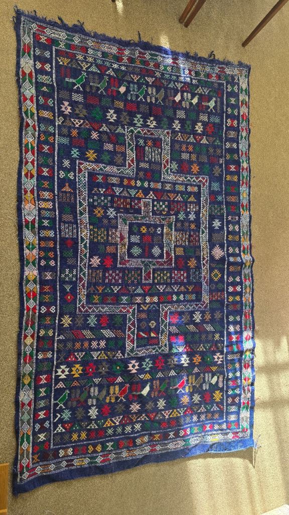 Hand made kilim from Marrakesh. Indigo blue with some inlays in silk