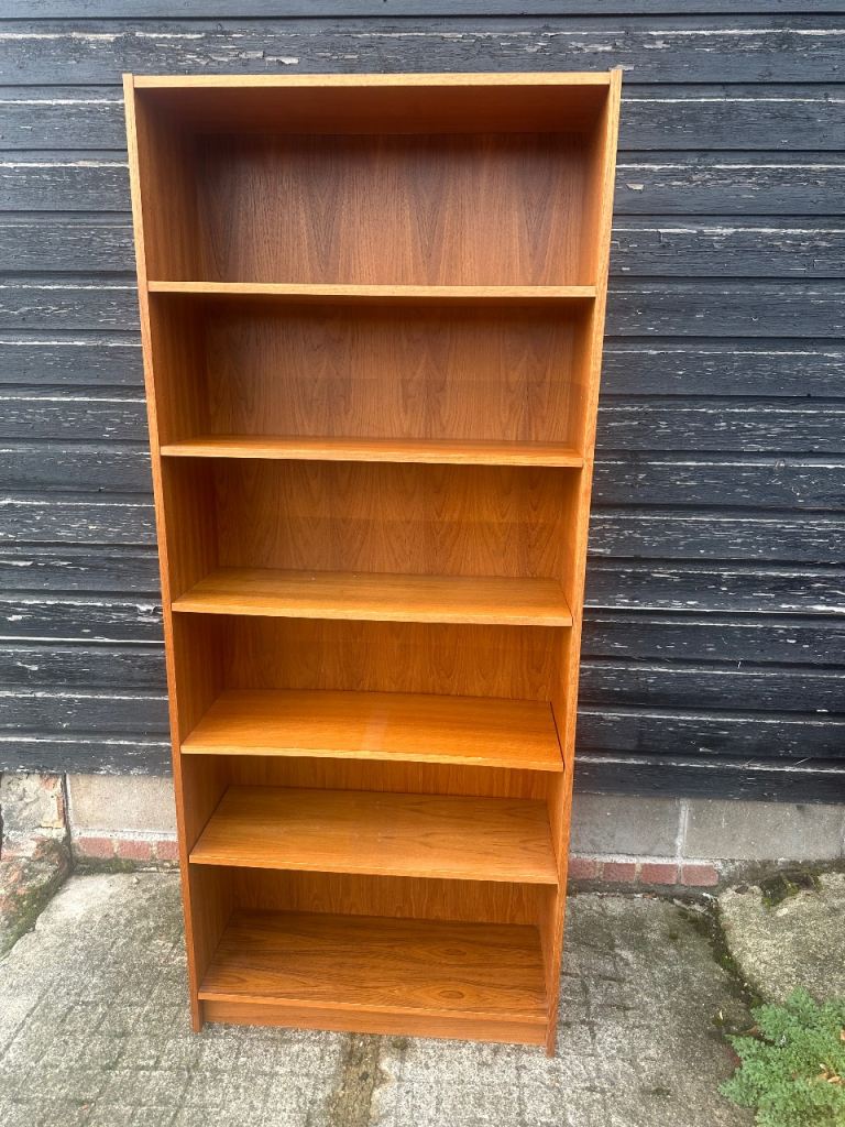 Vintage retro teak wooden Danish mid century MCM Tall Wooden Bookcase with 6 Shelves