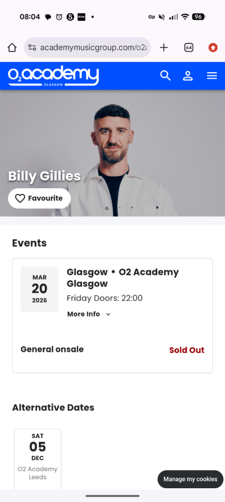 Billy Gillies tickets X4 20th of march Glasgow 