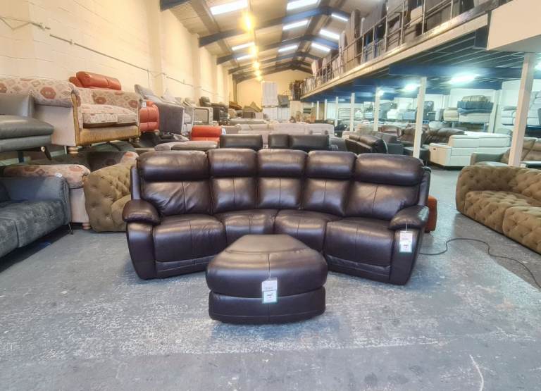 Daytona brown leather curved electric recliner sofa and storage footstool