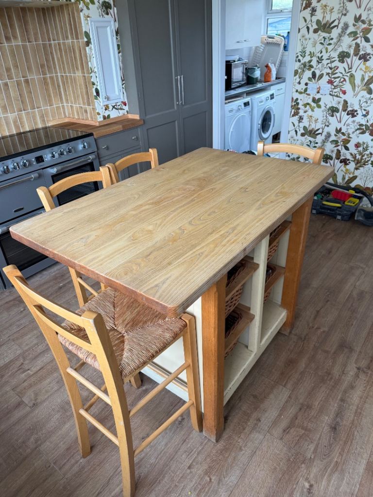 Pine Kitchen Island Dining Table and Four Chairs