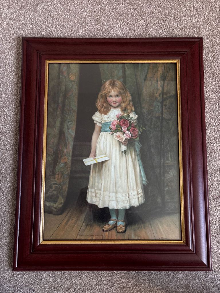Vintage Framed Print Girl with Roses Letter TC Gotch 1889 Victorian Portrait
