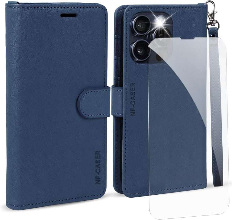 Luxury Premium Leather iPhone 16 Pro wallet case,Magnetic Closure, RFID Block,Card Holder,Strap,Blue