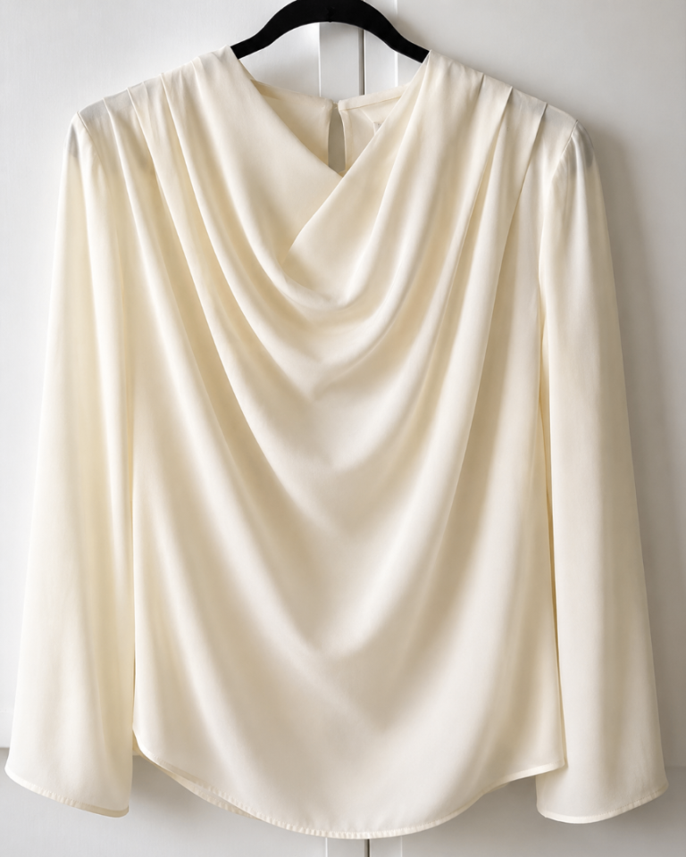 Cream Draped Cowl Neck Blouse – Long Sleeve – Size 12