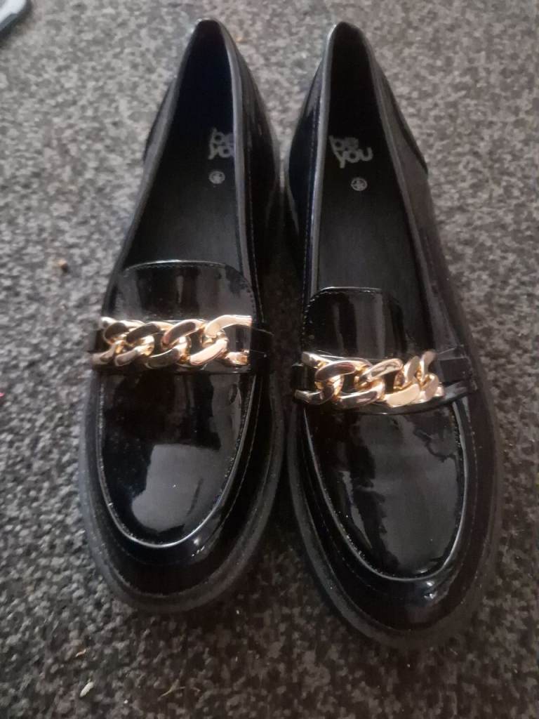 Be You Black Patent Loafers with Gold Chain Detail