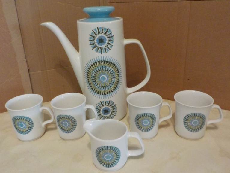 J.G. Meakin Studio Aztec Turquoise Coffee Cups, Jug, & Pot