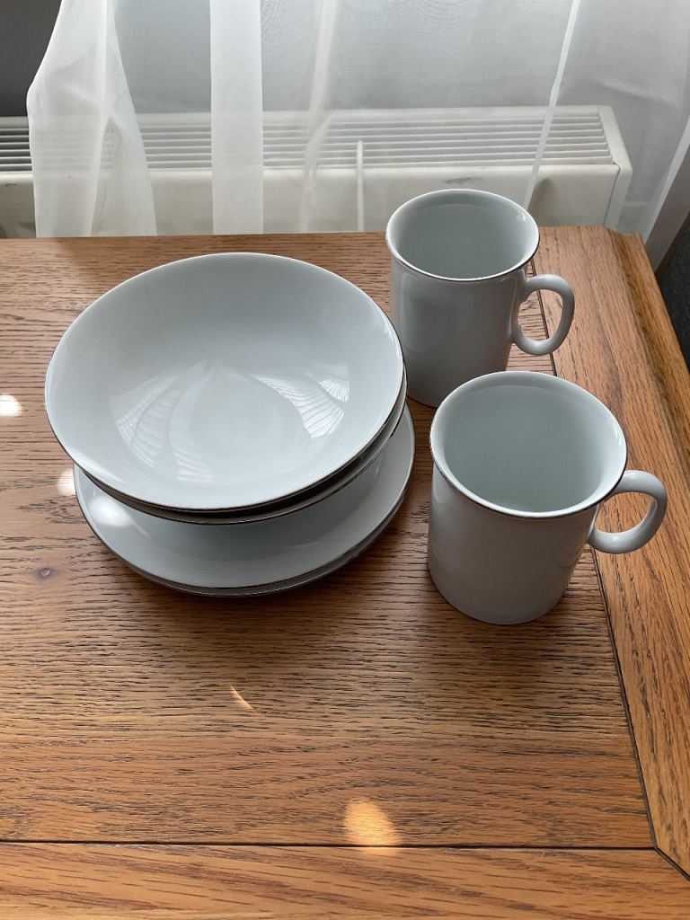 White Mugs, Bowls, and Tea Plates x 2 from VW Camper