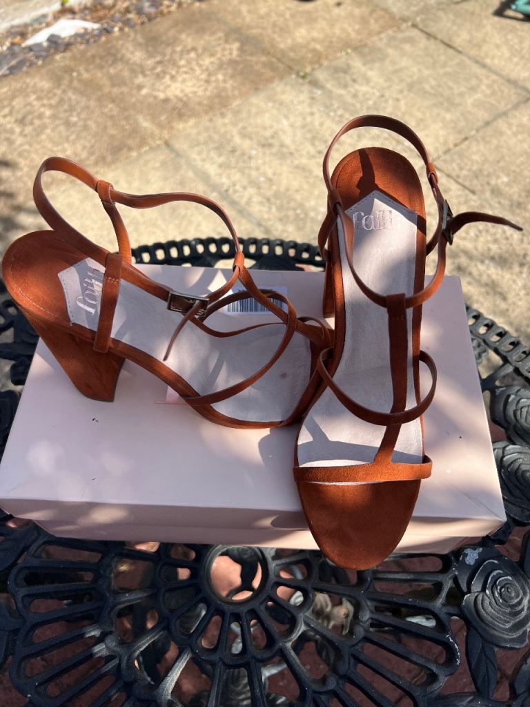 Faith Suede Dark Tan Strappy Block Heel Sandals – UK 7 / EU 40