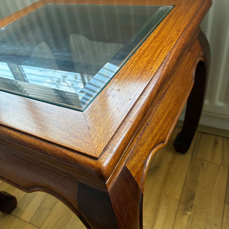 Two Good Condition Brown Wood Coffee Table with Glass Top