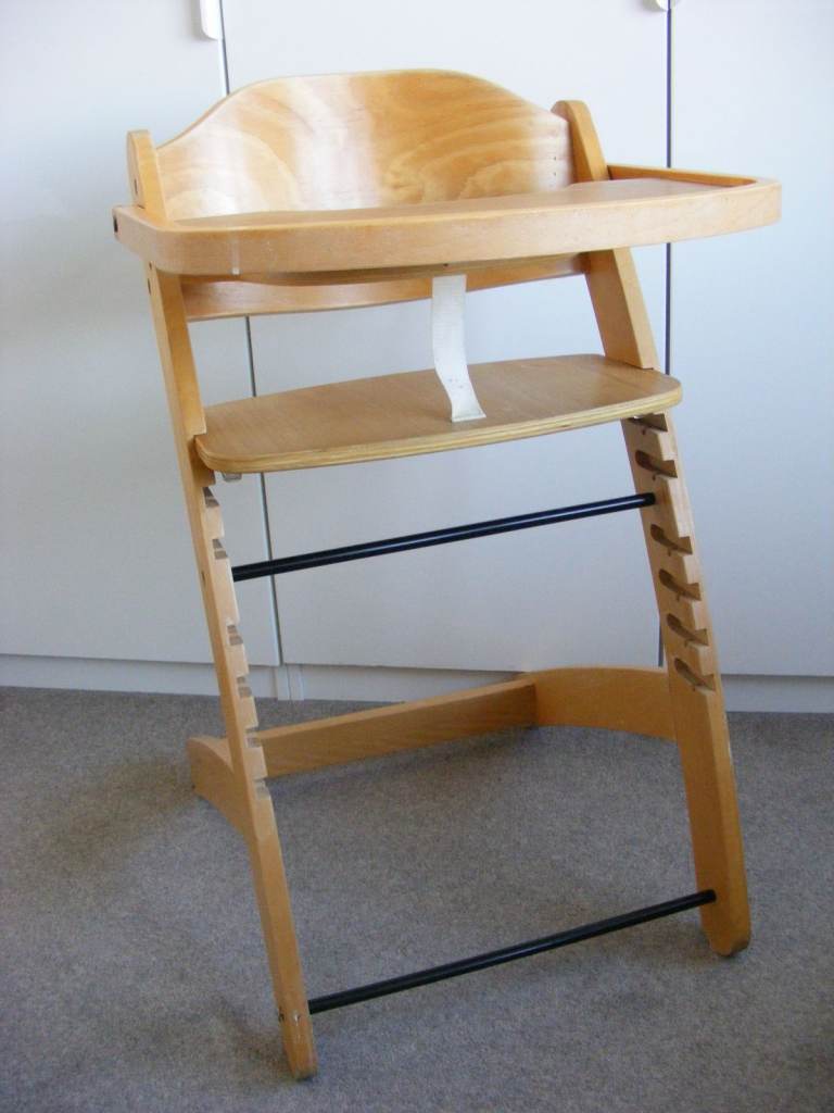 Wooden High Chair, with flip over tray table, no foot shelf or restraining straps