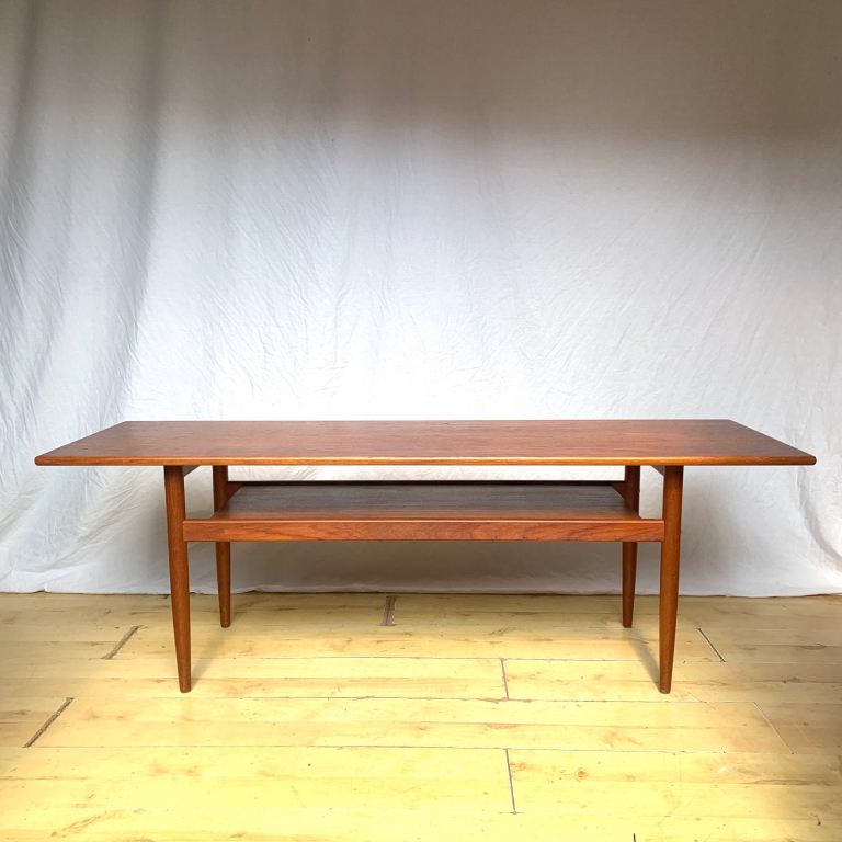 Vintage mid century 1960s Danish teak long two tier coffee table magazine rack 