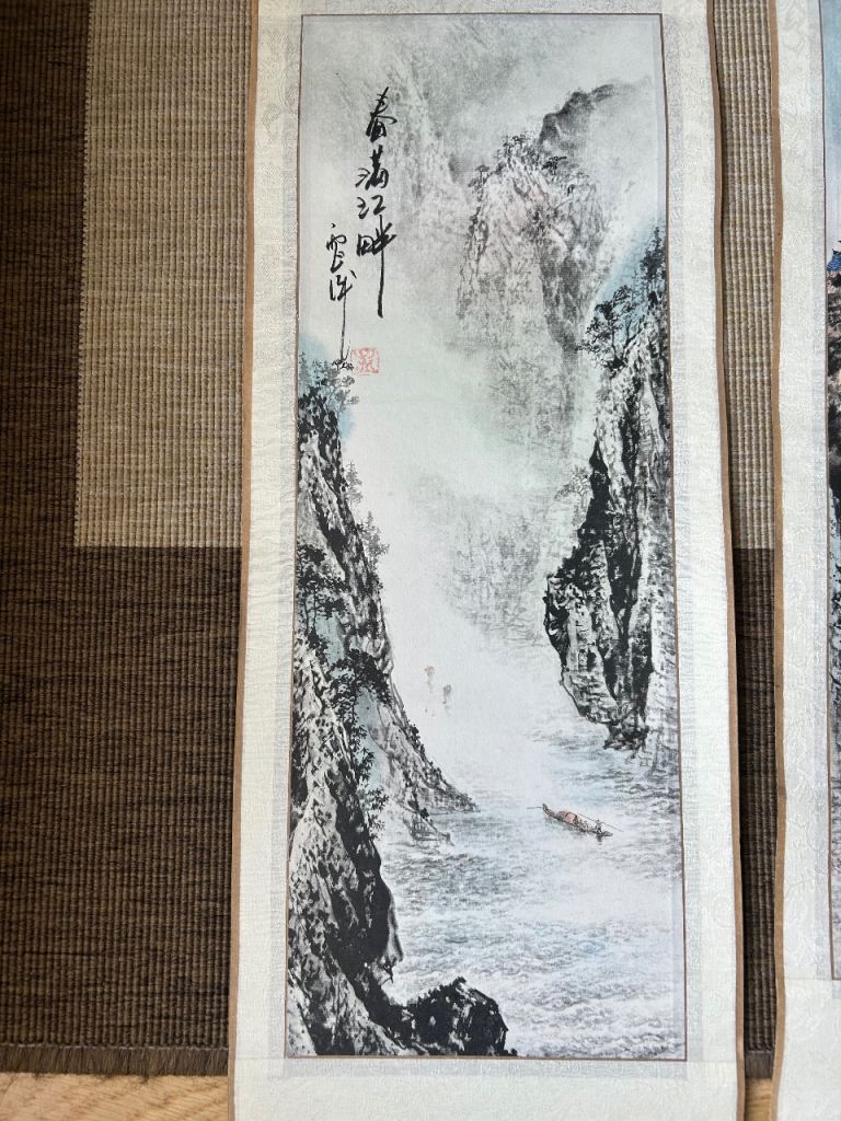 Set of four season Chinese landscape paintings scroll silk paper mountain river scene 