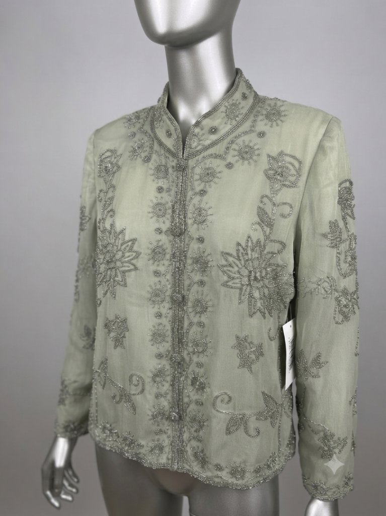 New Sage Green Silk Evening Jacket with Silver Beading – Size 10