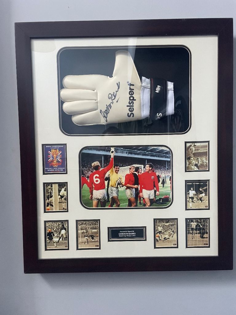 Framed Gordon Banks Signed Goalkeeper Glove and Football Prints