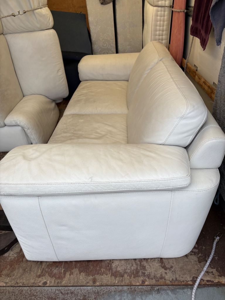White Leather Sofa Set – Two and Three Seater, Fair Condition