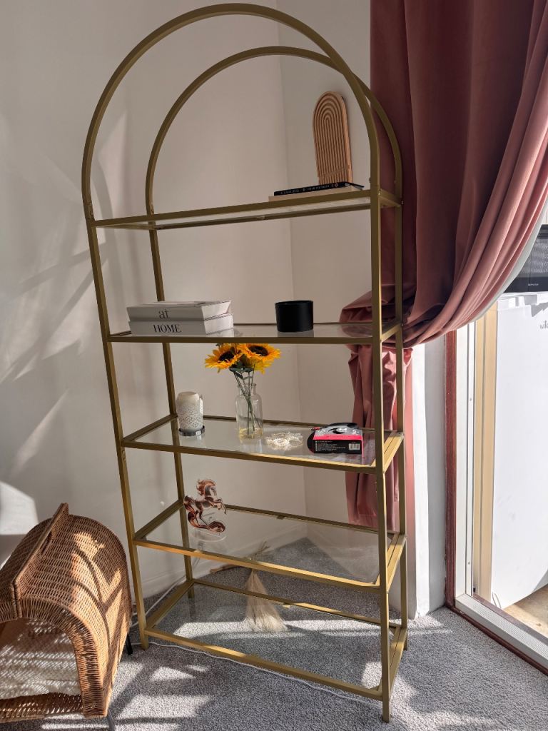 5-Tier Storage Rack, Glass Display Shelf, Bookcase with Steel Frame and Arch Design