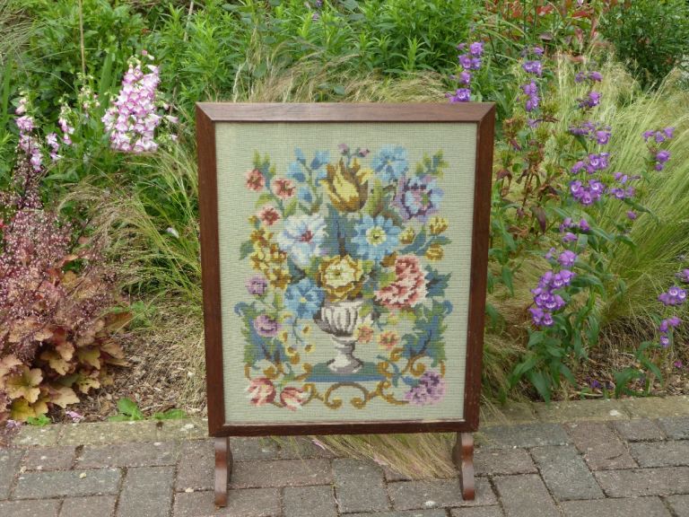 Vintage Wooden Glass Fire Screen Guard Embroidered Needlework Tapestry Floral 72cm x 51cm