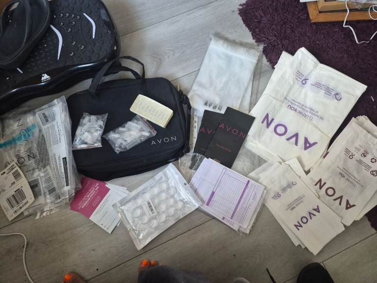 Avon Black Shoulder Bag with Samples and Paper Bags