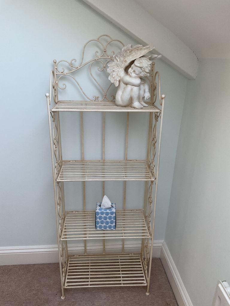 Conservatory metal scrolled shelving unit in cream 
