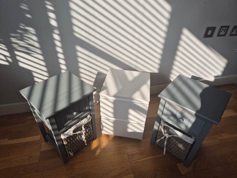 Pair of Grey Bedside Tables with Basket Storage & White Drawer Unit