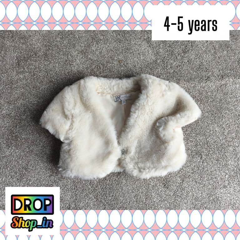 Girls Cream Faux Fur Bolero Shrug Jacket Crystal Button Wedding Party 4-5 Years 