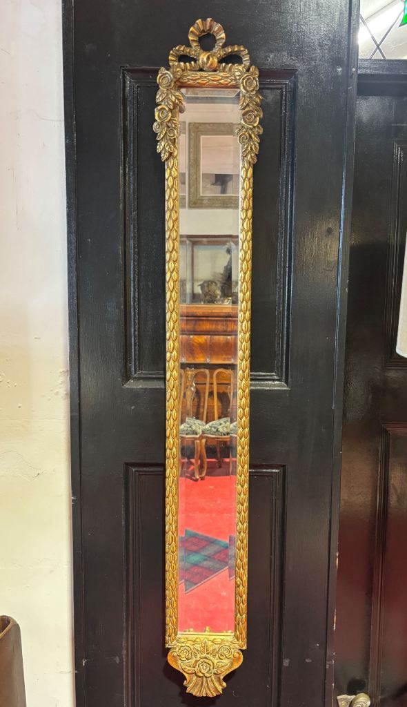 Tall Narrow Gold Gilt Bevelevd Glass Pier Mirror With Decorative Gilded Frame 