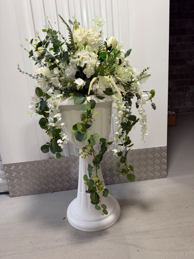 2 x Beautiful XL white Planter with white artificial flowers and greenery