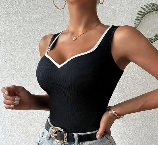 New Black Ribbed Summer Vest Tank Top White Trim Dipped Neckline. Size 14.POST OR COLLECT!