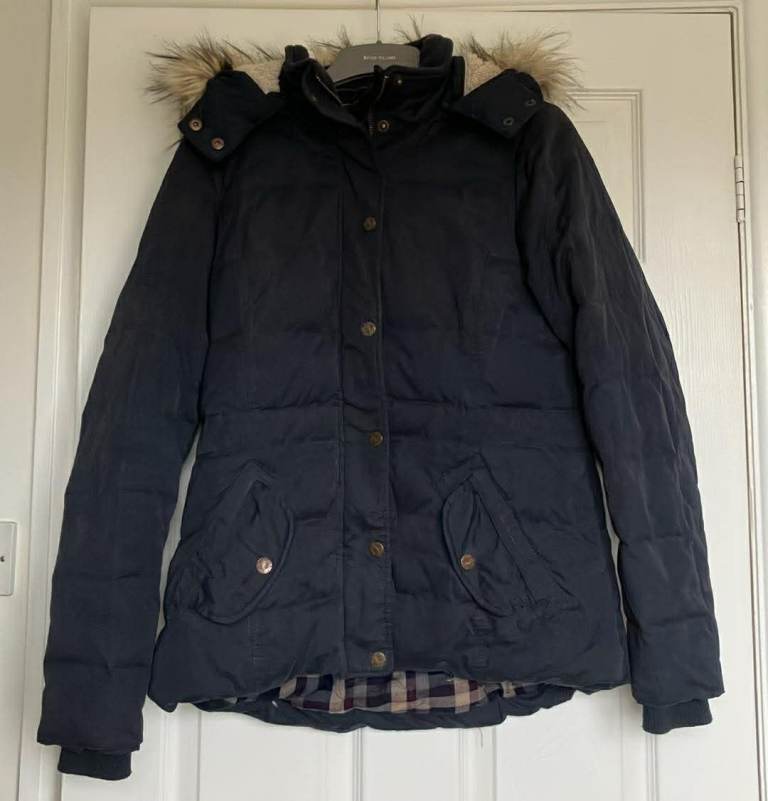 Fat Face Navy Hooded Padded Coat Size 12 with Faux Fur