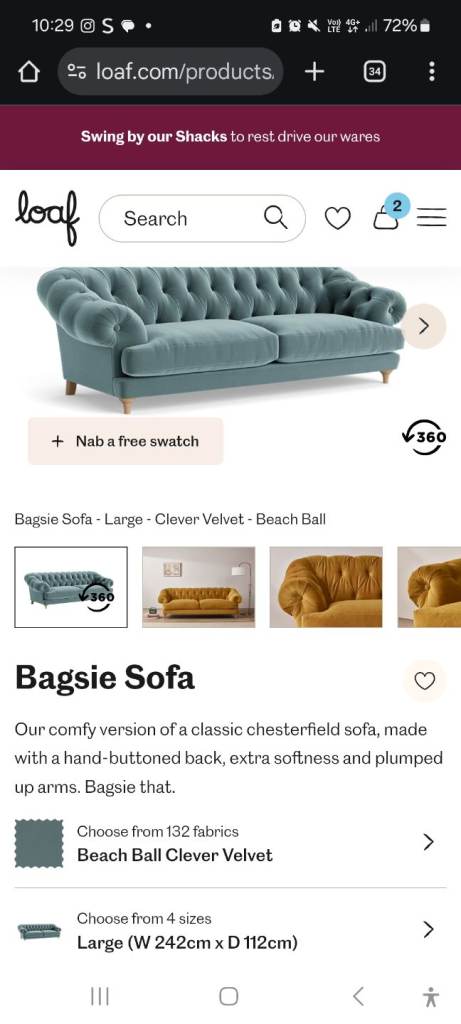Loaf Bagsie large sofa in bluish grey velvet RRP £3500