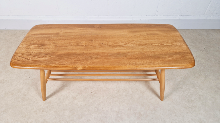 Ercol Vintage Mid Century Solid Light Elm Danish Design Coffee Table With Rack PG184