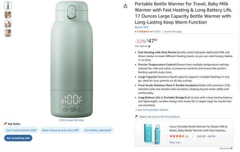 Brand New Portable Travel Baby Bottle Warmer - Large 17oz Capacity - Half Price