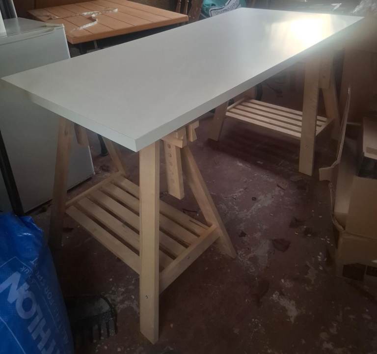 White Table with Wooden Trestle Legs – Good Condition