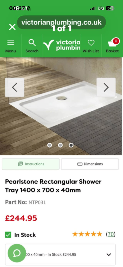 Pearlstone Rectangular Shower Tray 1400 x 700 x 40mm