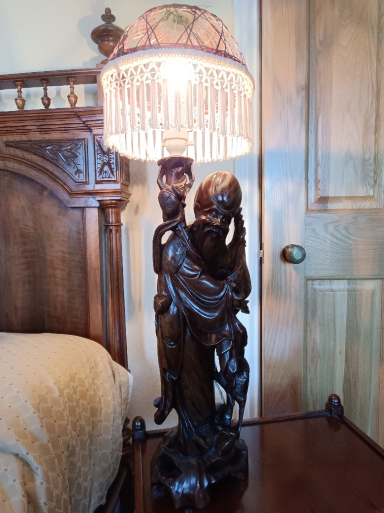 BARGAIN only £35 Antique Finely Carved Wood Chinese Figure Lamp Light 
