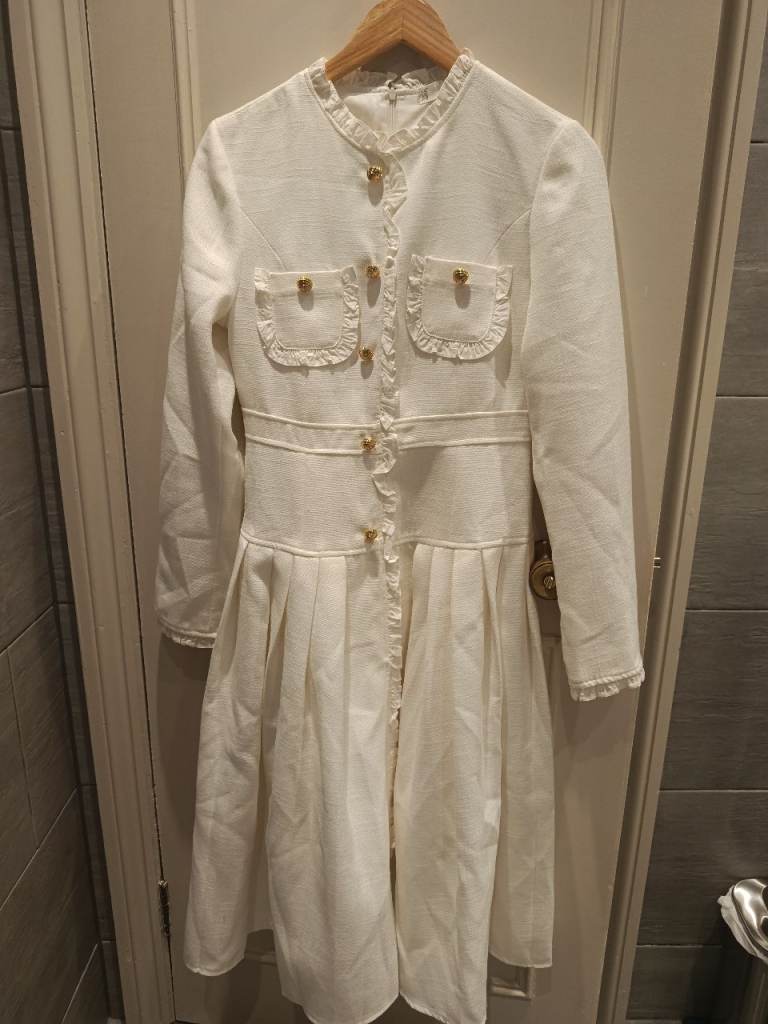 White Long Sleeve Midi Dress with Gold Buttons, Size L