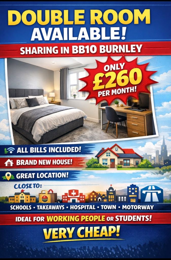DOUBLE ROOM AVAILABLE – BB10 BURNLEY! 