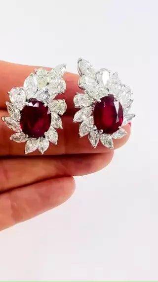 Ruby EARRINGS Cluster Diamond 18k Gold Mozambique Certified Estate Jewelry