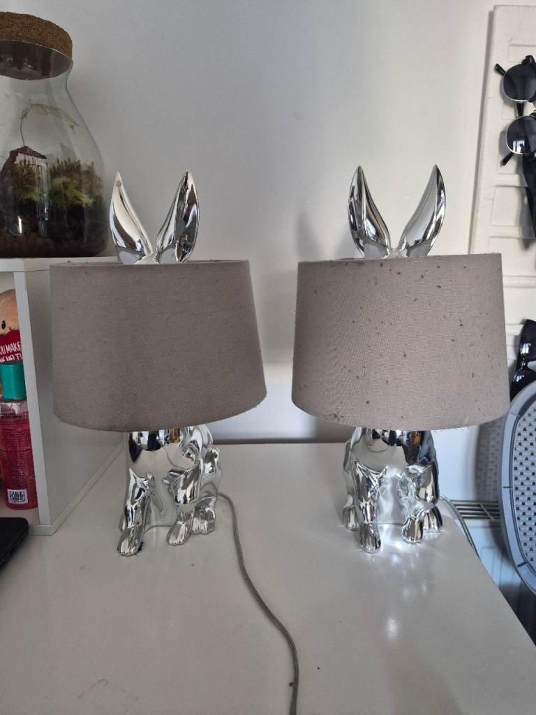 Pair of Silver Rabbit Table Lamps with Grey Shades