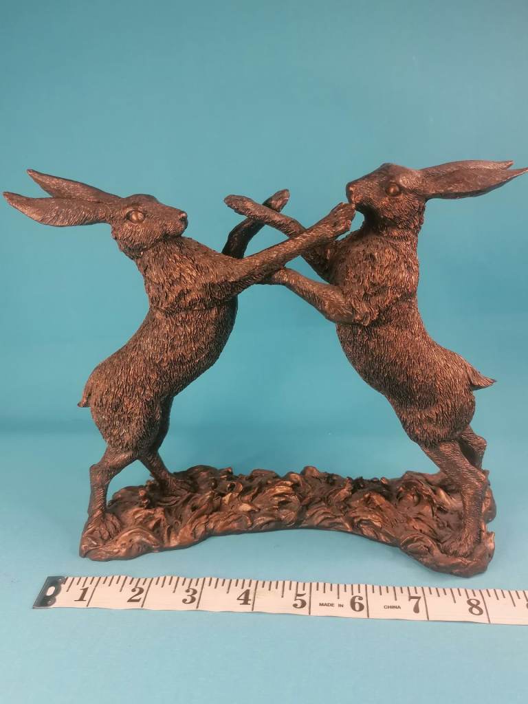 2x Bronze Effect Boxing Rabbit Hares Figurine. . All measurements on pictures.