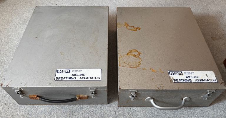 2 vintage industrial airline aviation metal cabin storage boxes 