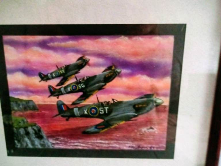 Original chalk drawing of a flight of 3 Spitfires in a frame