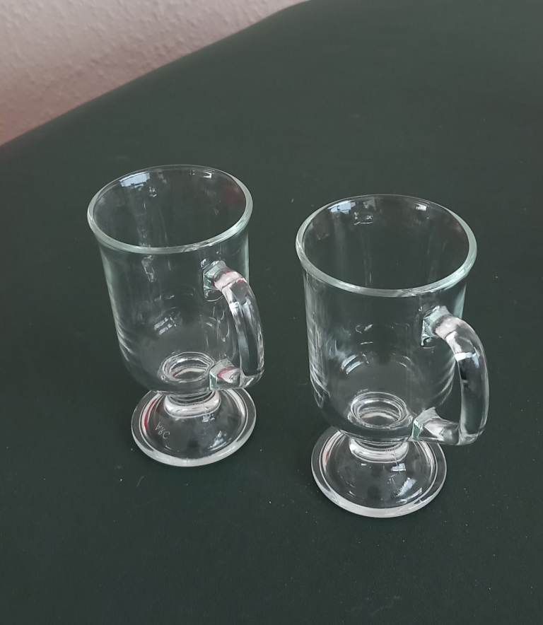 2 Glass Irish Coffee Mugs. 4.5" approx high. 