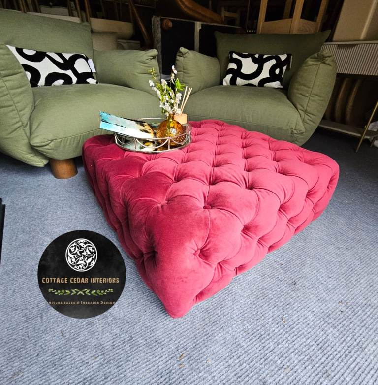 NEXT Thirlmere Velvet Cherry Pink Chesterfield Footstool by Tetrad Homeware