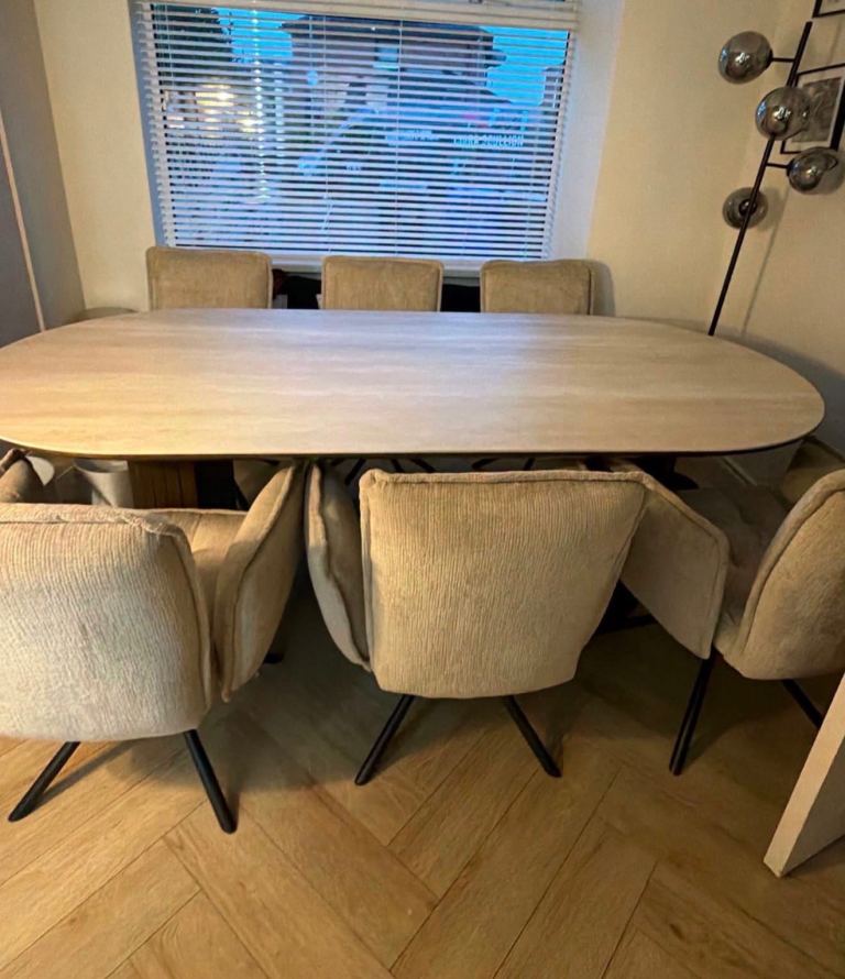 Modern Wooden Dining Table and 6 Beige Chairs – Good Condition