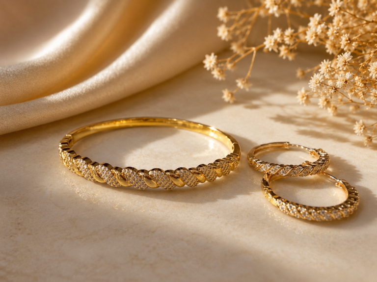 Stunning Gold Plated Bracelet & Earrings Set – New