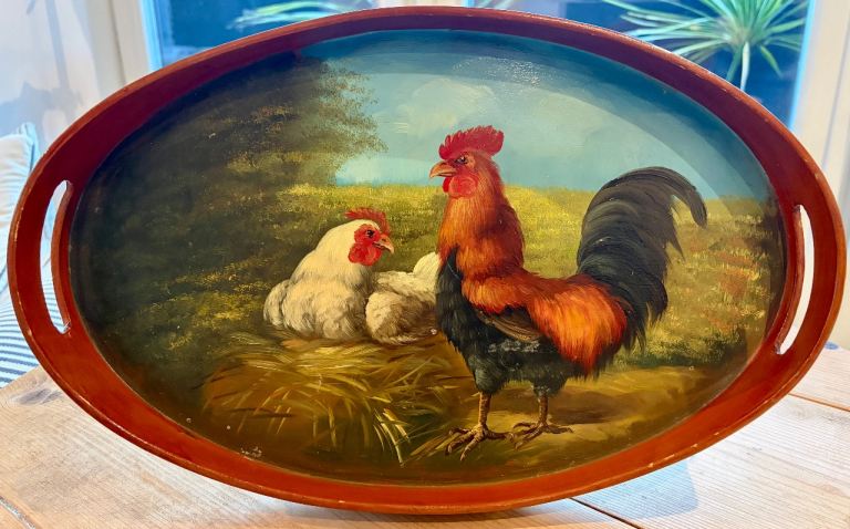 Hand‑Painted Wooden Cockerel Tray – 43 cm – Rustic Farmhouse Style