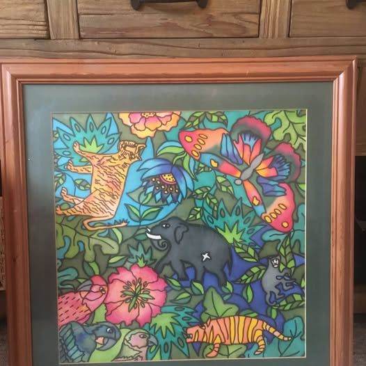 Large silk painting in frame with glass Elaine Rippon design-painted with silk paints by myself.